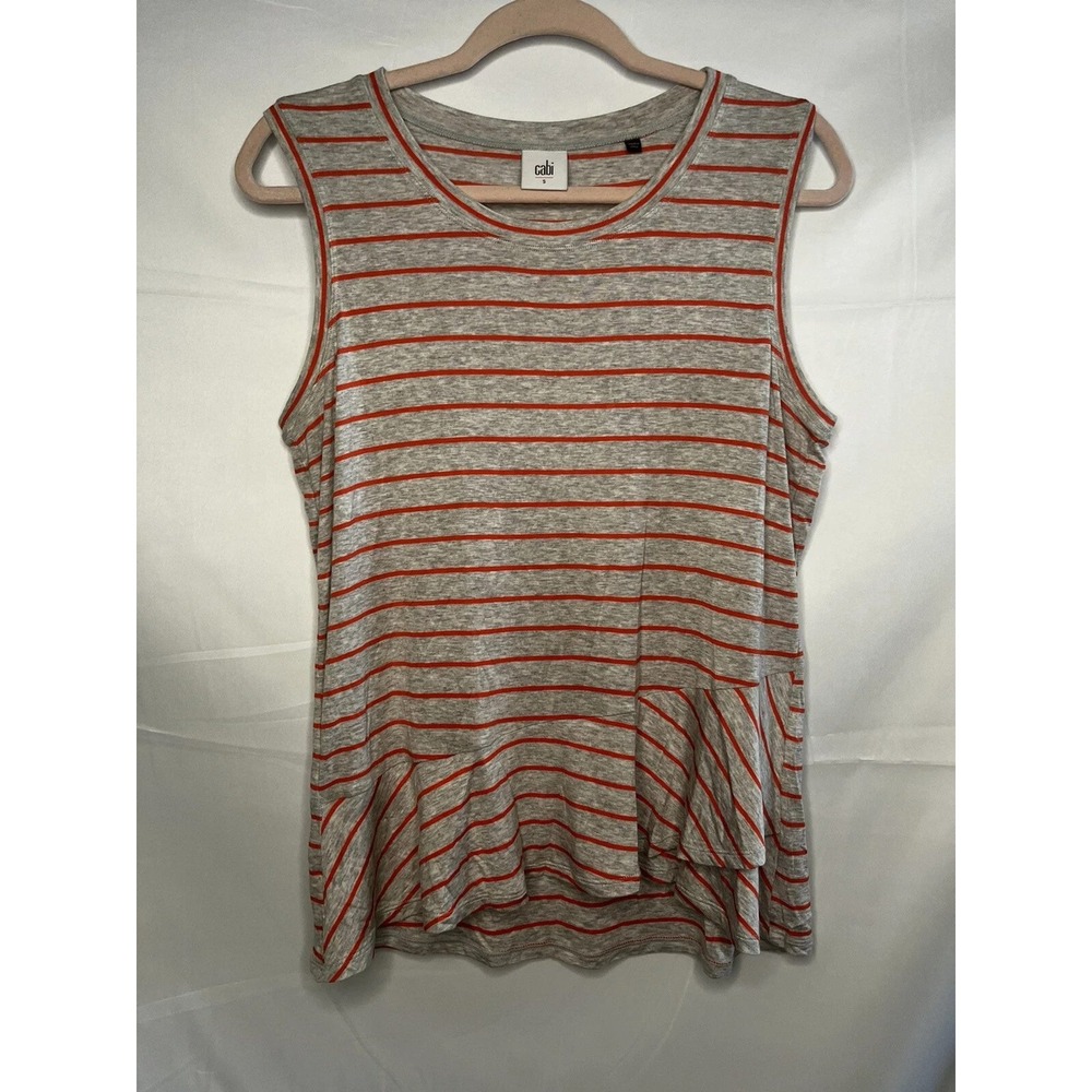 Cabi Tank Top Womens Small Gray Red Striped Peplum Ruffle Casual Nautical Preppy